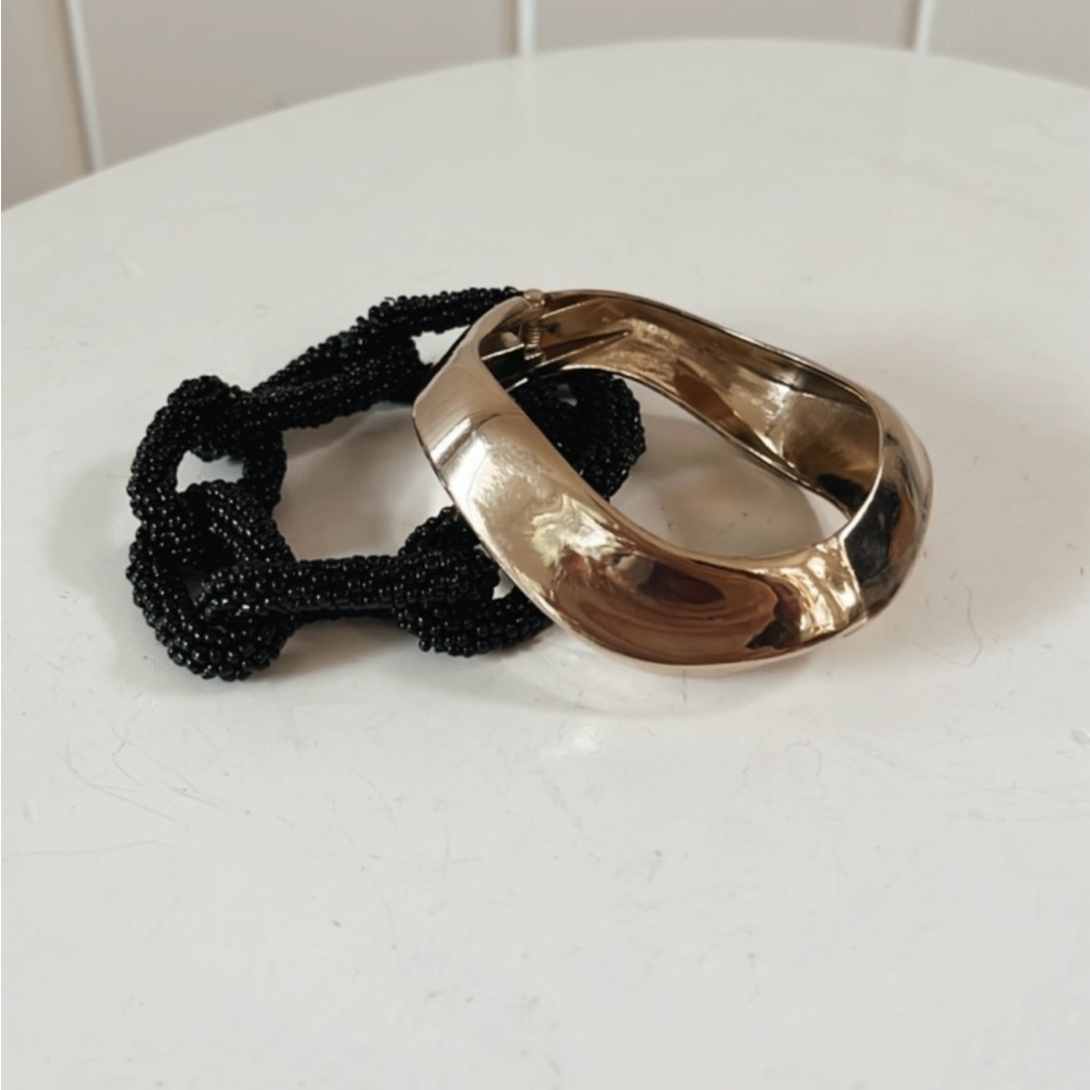 Vintage Chunky Abstract Bracelet Pair Gold Black Seed Bead Chain 80s Jewelry